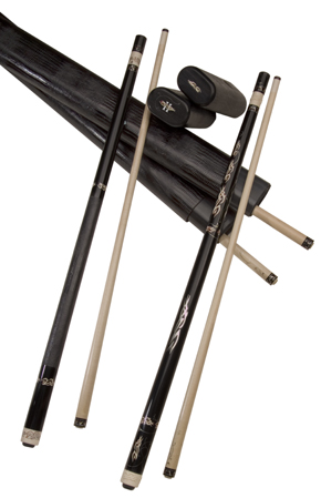 Tattoo custom designed cues and cases.